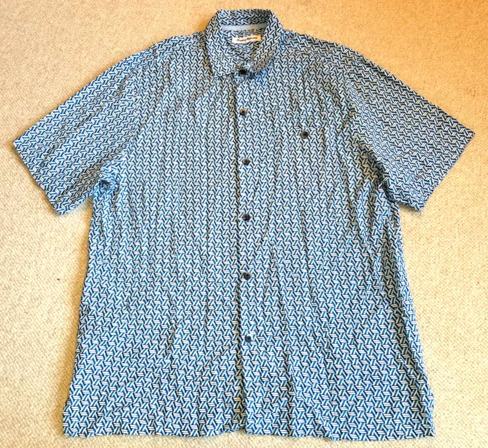 Mens Shirt-TOMMY BAHAMA-'Island Navy' 'Marciano Tiles Camp' Hawaiian button-up-L
